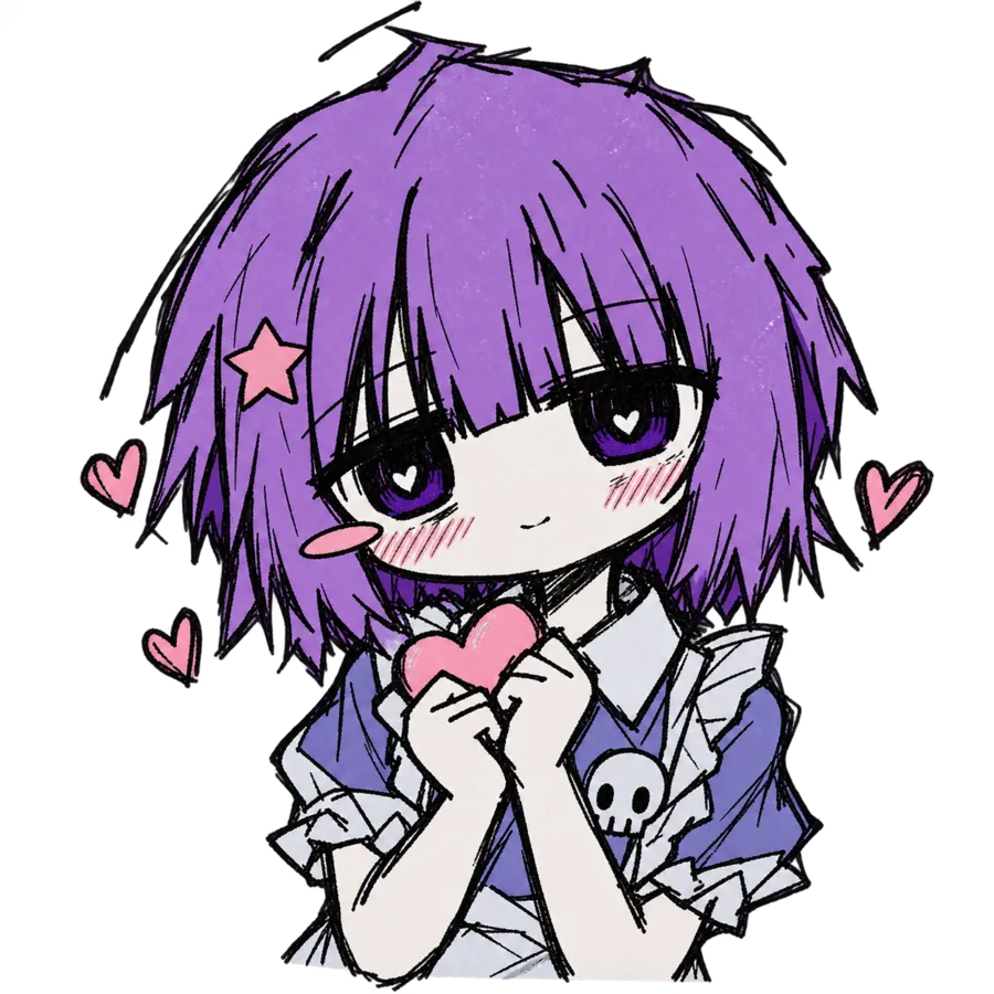 Rosie: purple hair, star clip, holding a heart
